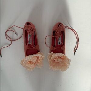 New Jimmy Choo Pink Flats Sandals Orchid Flowers 5.5 35.5 Suede Wrap Straps Tie
